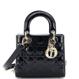 Christian Dior Lady Dior Bag Cannage Quilt Patent Small Black